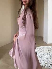 Women's Long-Sleeved Bodycon Dress Elegant Round Neck Pleated Batwing Sleeve Dress Cocktail Party Formal Evening Ball Gown Slim Fit Long Skirt Waist Cinched Dress Gift For Valentine's Day And Graduation Party Birthday Celebrations Concert Hoing Out Outfit - 粉色 - 查看 6