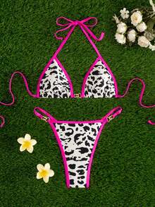 2026夏季女士性感沙滩度假豹纹撞色包边扭结露背开衩比基尼套装 - 彩色 - 查看 1