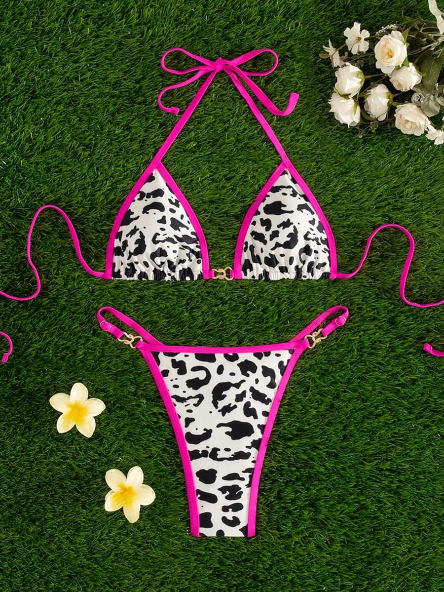 2026夏季女士性感沙滩度假豹纹撞色包边扭结露背开衩比基尼套装 - 彩色 - 查看 1