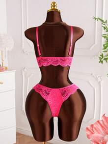 2pcs Women Sexy Lingerie Set, Adjustable Strap Triangle Cup Zipper Bra And Semi-Sheer Lace Panty, Comfortable Sleepwear Set - Hot Pink - View 2