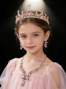 3件套粉色皇冠首饰套装，包含1个皇冠、1条项链和1副耳环，时尚配饰，镶嵌水钻，花朵项链和耳环，适合女孩在派对上佩戴 - 彩色 - 查看 5