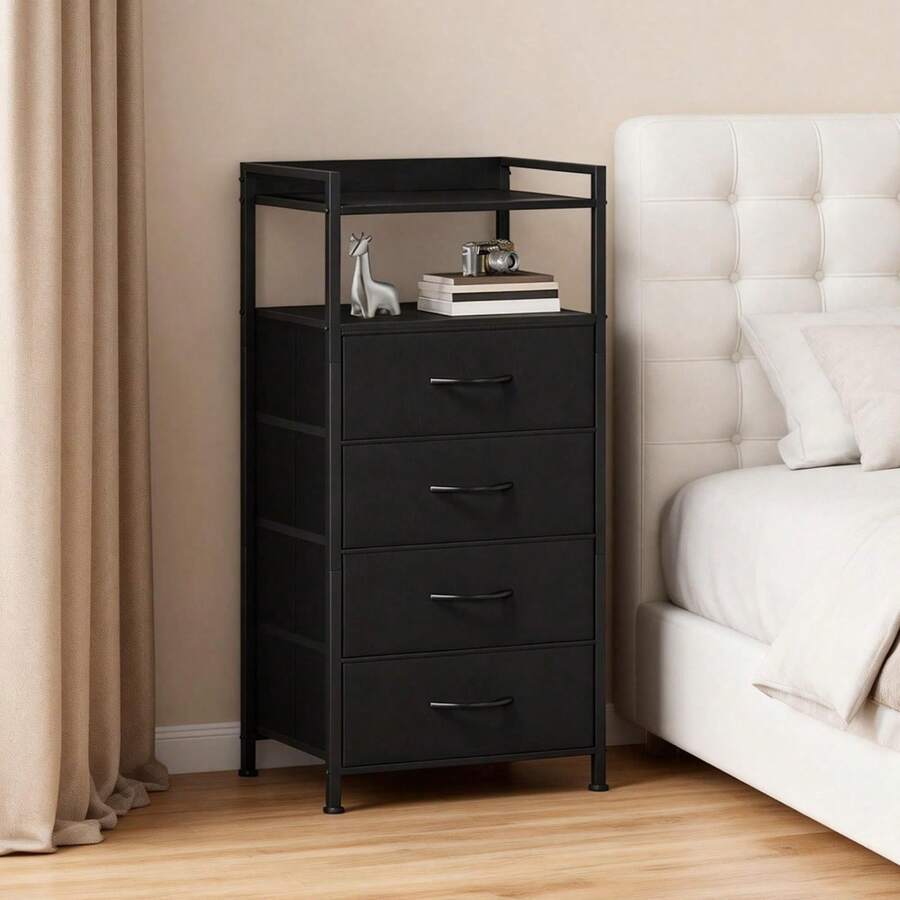 Bedside Table, Side End Table With 4 Fabric Storage Drawers, Bedside Cabinet With Open Storage Shelf, Nightstand For Bedroom, Livingroom, Office - màu đen - Xem 1