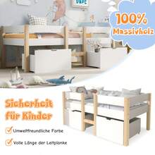 Children's Bed With Drawer And Fall Protection, Solid Pine Wood - 90x200 Cm - White & Oak - White - View 3
