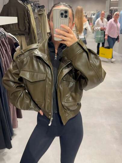 Leather Jacket Bomber Cropped Jackets Woman Zip Up Green Coats For Women Long Sleeve Ladies Streetwear Going Out Jacket