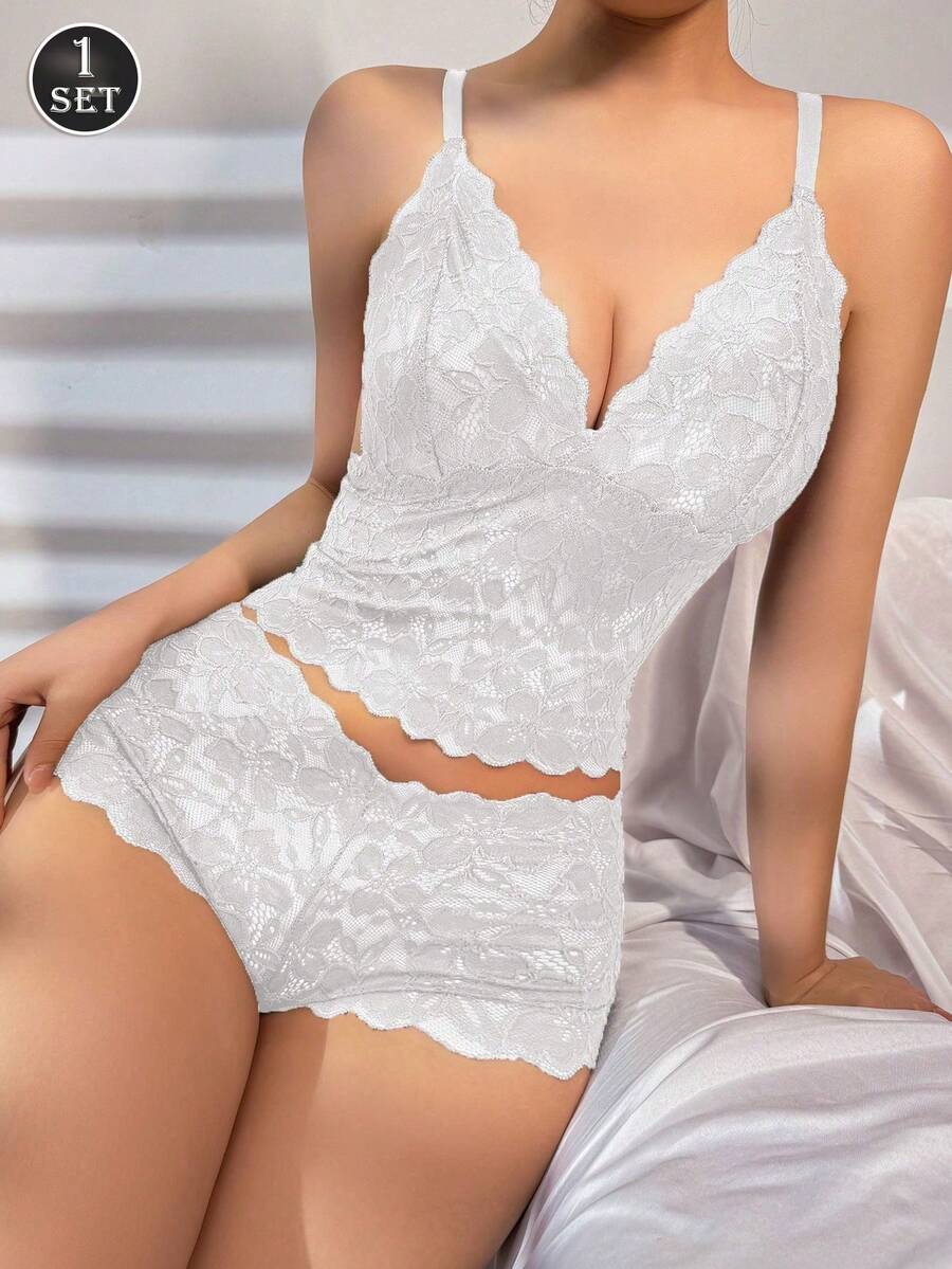 1 Set Women's Longline Wireless Lace Embroidered Floral Bra Set