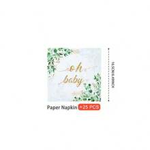 白色底绿色叶子“Oh Baby”花瓣形一次性餐盘、餐巾纸、杯子套装 - 一次性派对套装，可供25位客人使用，一次性纸盘派对用品，适用于生日、婚礼、主题派对、家庭野餐 - 彩色 - 查看 11