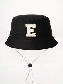 1顶26字母印花儿童渔夫帽+可拆卸防风绳，可调节户外遮阳帽，适合男孩女孩，春秋季旅行、海滩、度假 - 黑色 - 查看 22