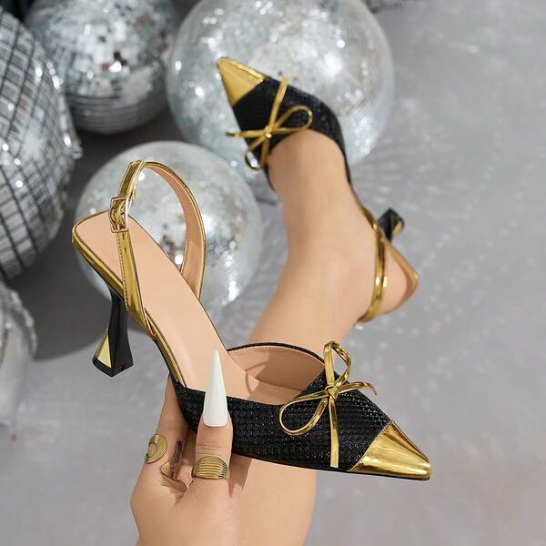 French Classic Contrast Color High Heels, Elegant Bowknot Peep Toe Slingback Pumps, Fashionable Pointed Toe High Heels, Versatile Slip-On High Heels Suitable For Dresses, Parties, Weddings And Formal Occasions