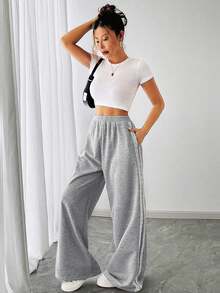 Women's Side Stripe Casual Fashion Sports Outdoor Drawstring Straight-Leg Sweatpants Graduation,Back To School Outfits,Graduation,Teacher Outfits For Women,Back To School - Grey - View 9