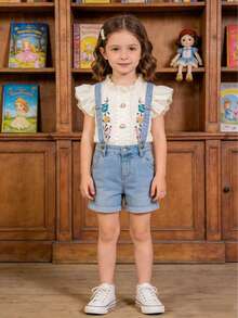 Girls' Ruched Cap Sleeve Top, Colorful Floral Embroidery + Pearl Buttons, Soft Peter Pan Collar Breathable Blouse, Summer - Beige - View 3