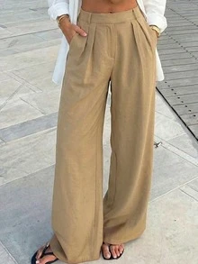 Women's Solid Color Side Zipper Pleated Pocket Wide Leg Pants Spring - Apricot - View 9