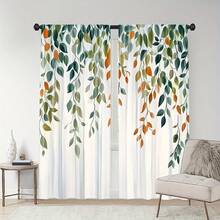2pcs Watercolor Willow Leaf Curtain, Featuring Green And Orange Plant Pattern Flat Print Design, Ideal For Living Room/Bedroom Window Decor To Create A Natural Home Style. Rod Pocket Curtain. - Multicolor - View 9