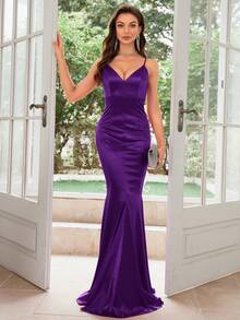 Đầm cocktail/đầm dạ hội/đầm cưới bằng satin cổ chữ V dáng đuôi cá - Màu tím - Xem 4