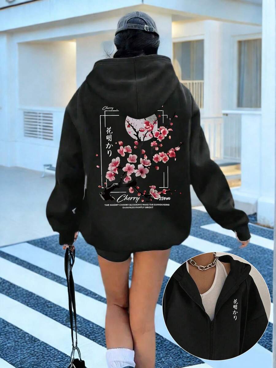 Women's Ditsy Floral Hooded Sweatshirt | Soft Lining | Loose Long Sleeve | Casual Cardigan With Pockets, Women Coat, Women Cardigan, Long Sleeve Top, Women Long Sleeve Top, Women Autumn, Winter, Women Outerwear Top - Black - View 1