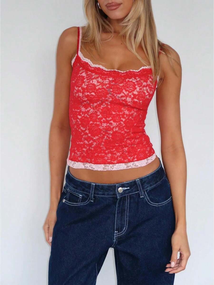 Women Summer Cropped Cami Top, Casual Lace Panel V Neck Spaghetti Strap Sleeveless Tank For Daily Street  Vacation Wear - Đỏ - Xem 1