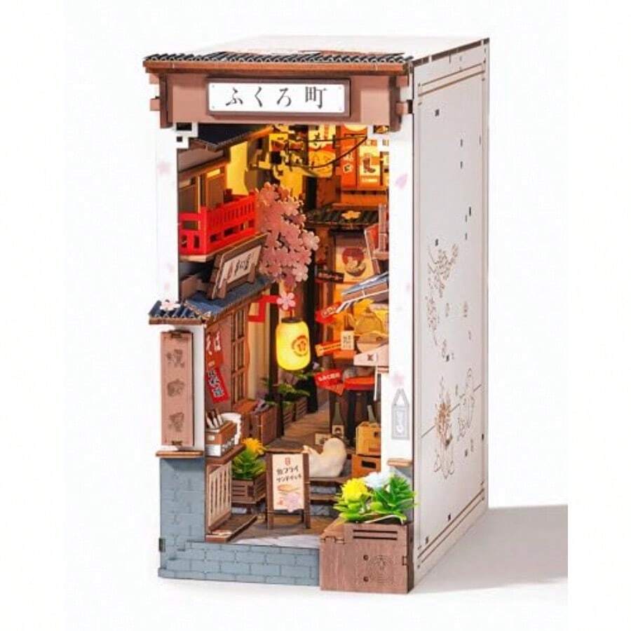 Book Nook Kit Sakura Wine Alley 3D Wooden Puzzle Booknook For Bookshelf Decor Japanese-Inspired Sakura Theme Creative DIY Miniature Dollhouse Kit Crafts Gifts For Adults Teens And Book Lovers - 白色和粉紅色 - 查看 1
