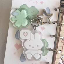 1pc Cute Cartoon Pixel Art Keychain - Kawaii Retro 8-Bit Character With Heart And Four-Leaf Clover, Light Pink And White With Black Eyes, Bunny Design, Suitable For Bags, Keys, Christmas Gift - Multicolor - View 5