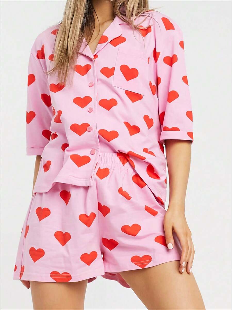 Women's Valentine's Day Lounge Set Short Sleeve Heart Print Shirt Shorts Sleepwear Sets - Pink - View 1
