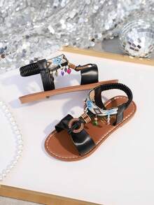 1双儿童波西米亚风套脚弹力带PU防滑耐穿可爱休闲平底鞋，适合送礼、上学、海滩、露营、春季郊游，2026新款 - 黑色 - 查看 6