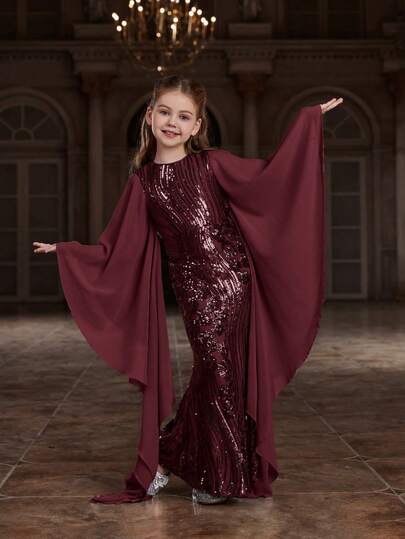  ALISA&LEO Elegant Sequin Embroidered Mermaid Gown With Flowing Chiffon Butterfly Cape Sleeves And Scalloped Hemline For Formal Wedding Attire, Holiday Gala Events, Grand Birthday Celebrations