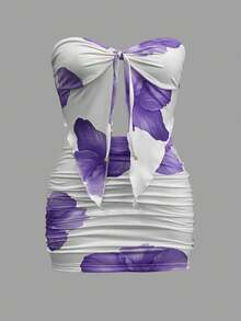 Floral Strapless Cropped Top And Skirt Set - Lightweight And Feminine - 紫丁香色 - 查看 4