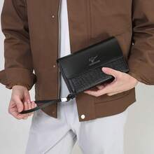 1pc Black & Brown Crocodile Embossed PU Leather Men's Clutch Bag, Large Capacity Multi-Card Slots Waterproof Handbag With Dual Zipper, Business Briefcase Valentine'S Day - Multicolor - View 4