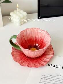 1 Set Floral Ceramic Coffee Cup & Saucer Set, Home/Cafe Latte Cup & Saucer Set, Afternoon Tea Cup, Gift - Multicolor - View 16