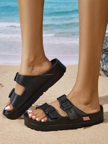 Nuevas sandalias de moda para mujer, zapatos de plataforma versátiles con suela gruesa, EVA ligera, cómodos, suaves, estables, con doble hebilla ajustable, premium, para fiesta, playa, oficina, caminar, con absorción de impactos - Negro - Ver 12