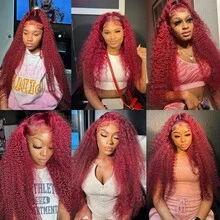 36 Inch 99j Burgundy Wig Human Hair 250% Density 13x6 Deep Wave Lace Front Wigs Human Hair 13x4 HD Transparent Curly Lace Front Wigs Human Hair For Women Pre Plucked Wet And Wavy Red Colored Deep Curly Lace Frontal Wig - S99J - Xem 11
