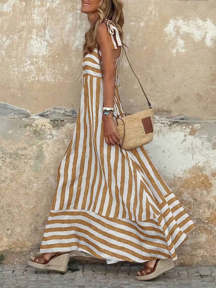 随机裁剪无袖印花夏季连衣裙，A字长裙，夏季女装，度假连衣裙，户外连衣裙 - 卡其色 - 查看 1