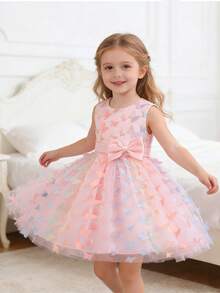 1pc Young Girl Cute Luxurious Sweet Princess 3D Butterfly Embroidery Tulle Puffy Bow Waist Decor Sleeveless Round Neck Tutu Dress, Party, Birthday, Holiday, Performance, Banquet, All Season - Coral Pink - View 3