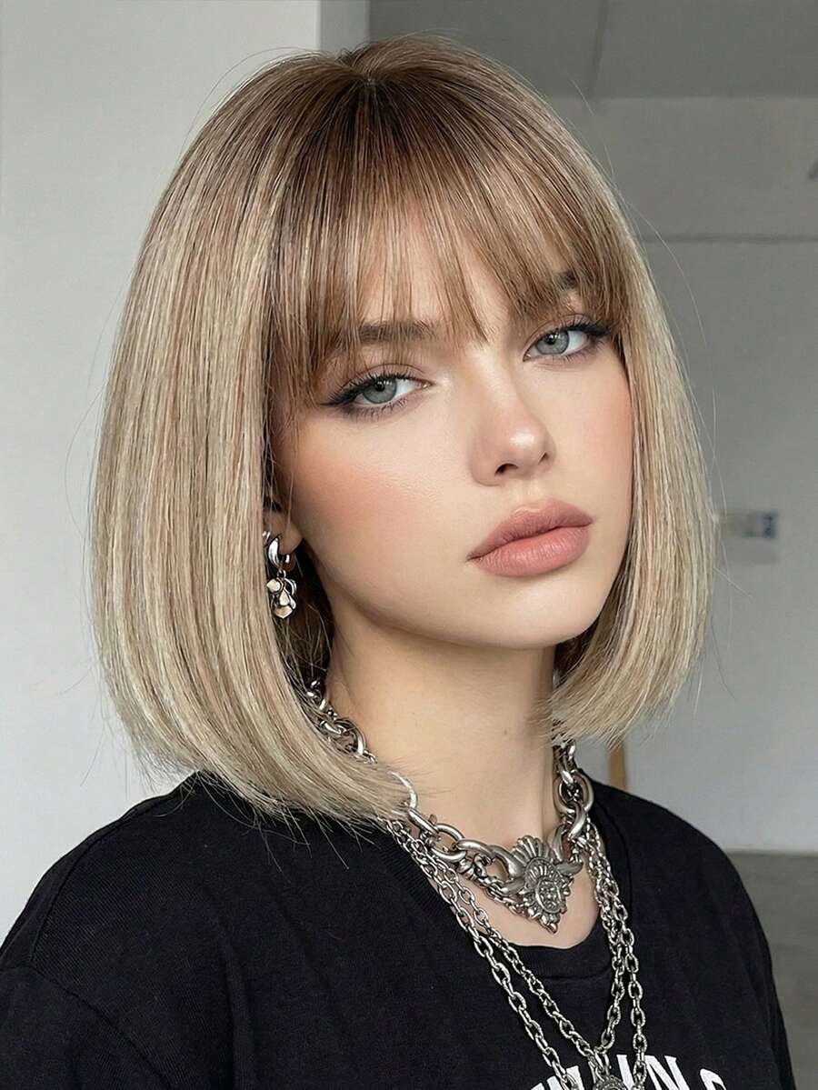 12-Inch Short Ombre Brown Synthetic Natural Looking Wig, Women's Bob Style With Bangs, Heat Resistant, For Everyday Wear, Cosplay, Party - Brown Ombre - View 1