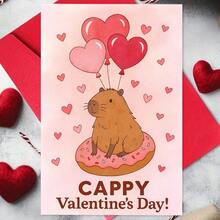 1 Cute Capybara Valentine's Day Card With Heart Balloon - Pink And Red Macaron Design, "Happy Valentine's Day" Text With Envelope, Perfect For Couples, Friends And Lovers, Romantic Greeting Cards | Fun Designs | Decorative Envelopes - 紅色 - 查看 7