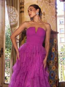 Faeriesty Elegant And Stunning Strapless Deep V-Neck Party Dress, Fitted Bodice, Multi-Layer Chiffon Skirt (Fluffy And Draped Design) And High Slit - Graceful And Charming, Dreamy Style, Ideal For Red Carpet Events, Awards Ceremonies, Fashion Photography, Luxury Galas. - Purple - View 4