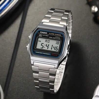 Casio 男女通用时尚电子手表 A168WA-1、A159W-N1 复古不锈钢表带方形表盘腕表，具备日历、闹钟和秒表功能，防水，适合日常佩戴