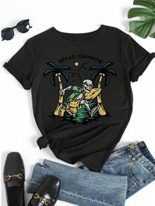 Damen Kurzarm Rundhals T-Shirt mit Grafik-Muster "Hello Summer", lässiges Shirt mit Kokosnussbaum- und Skelett-Surfer-Muster, Sommerurlaubs-Oberteil - Schwarz - Übersicht 5