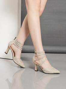 Pointed Toe High Heel Pumps, Chunky Heel, Strap Buckle, Hollow Out, Rhinestone Decor,Mothers Day Gift - Apricot - View 3
