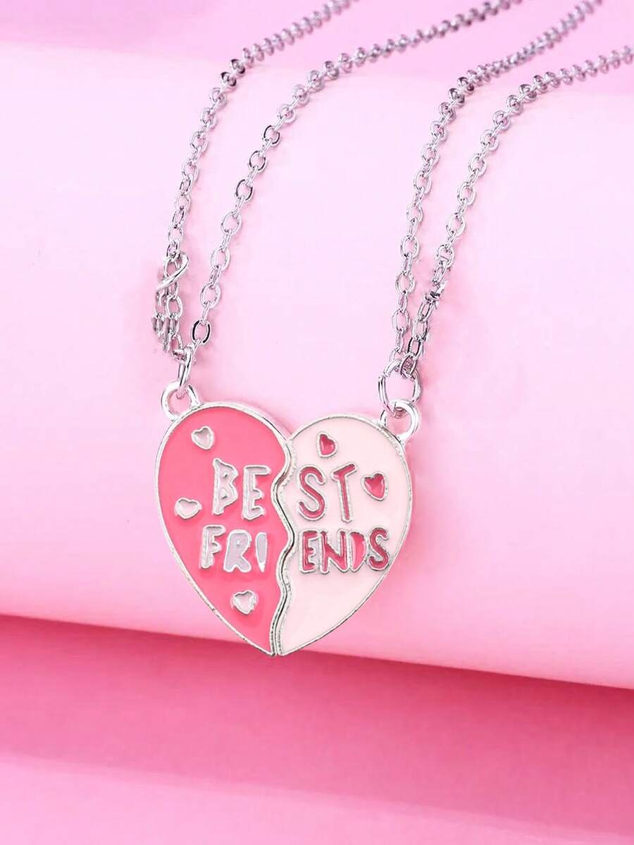 2pcs/Set Girls' Sweet Fashion Heart-Shaped "Best Friends Forever" Necklace Set, Suitable For Sisters' Daily Wear, Friendship Collarbone Chain, Perfect Gift For Friends
