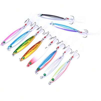 10pcs Hard Metal Jigs Diving Sea Fishing Lures Minnow Popper Baits Tackle Crankbait Saltwater Freshwater Lures With Feather