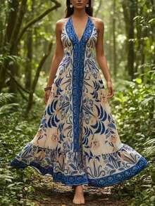 Boho Blue Floral Print Halter Maxi Dress Women - Deep V Neck Casual Summer Vacation Long Dress For Beach Vacation - Nhiều màu - Xem 2