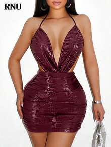 RNU 女士酒红色露背蝴蝶结性感露背优雅深V领修身鳄鱼纹连衣裙，适合约会、夜店、街头、情人节、狂欢节、新年、生日、春夏等场合。 - 酒紅色 - 查看 3