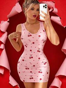 情人节粉色樱桃爱心印花紧身连衣裙，俏皮蝴蝶结图案迷你连衣裙，适合春假和约会之夜 - 粉色 - 查看 5