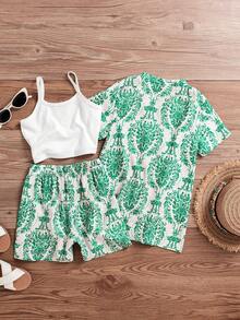 3件套幼儿巴洛克绿色图案套装：短袖开衫+吊带背心+宽松短裤，复古奢华风格，通体提花纹理，透气宽松版型，夏季 - 綠色 - 查看 2