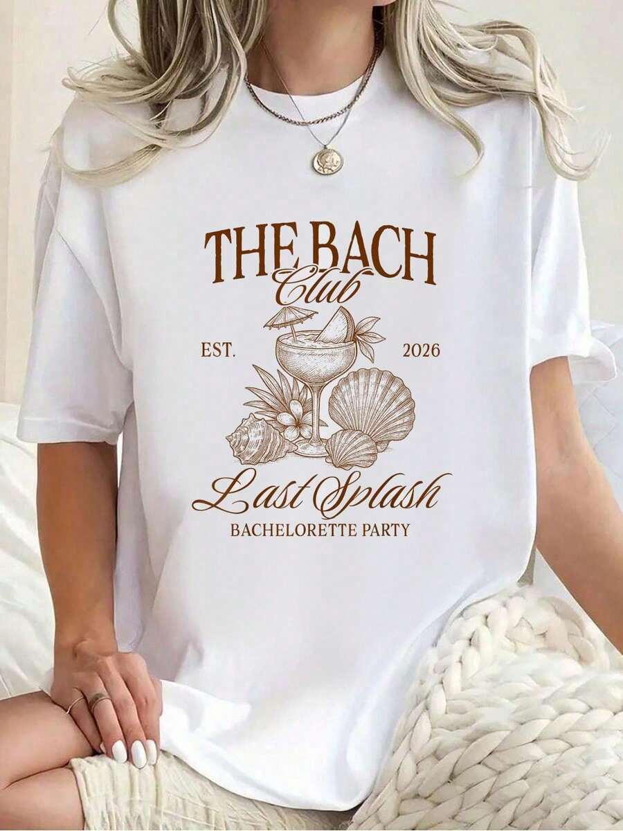 Bridesmaid 2026 The Bach Club Last Splash Bachelorette Party T-Shirt Women'Casual Short Sleeve Crew Neck T-Shirts - 白色 - 查看 1