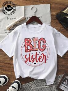 Women's Big Sister Graphic Short Sleeve T-Shirt Crew Neck Casual Cute Tee Loose Fit Summer Top For Sister Gift Cotton Blend Comfortable Daily Wear Tshirt - White - View 6