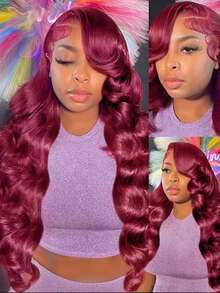 30 Inch 99j Burgundy Wig Human Hair 250% Density Body Wave Lace Front Wigs Human Hair Glueless 13x4 HD Transparent Lace Frontal Wig Burgundy Wine Red Colored Body Wave Wig Pre Plucked With Baby Hair No Shedding & Easy Maintenance - S99J - 查看 5