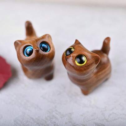 1pc Handmade Wooden Cat Statue, Handcrafted Cat Figurine With Cute Big Eyes, Suitable For Cat Lovers, Great For Home, Desk And Living Room Decor, Adorable Gift For Baby Shower, Honeymoon, Children's Birthday, And Holidays