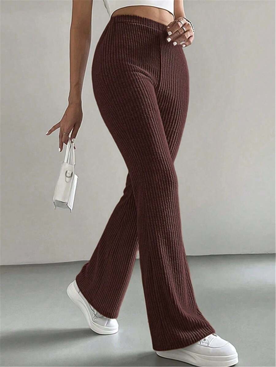 Fashion Me Solid Color Ribbed Ribbed Elastic Waist Straight Leg Polyester Blend Brown Casual Pants, Versatile Minimalist Daily Commute Style, Suitable For All Seasons, Valentine's Day Spring - Brown - View 1