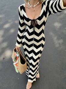 Women's Romantic French Retro Sexy Elegant Casual Vacation Comfortable Travel Contrast Color V-Neck Knitted Bow Tie Front Maxi Dress, Suitable For Daily, Evening Date, Beach, Country Music Festival, Brunch, Spring/Summer - Black and White - View 2