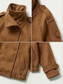 优雅纯色驼色双排扣呢大衣，低调奢华羊毛短款外套，配肩章，时尚春秋冬装 - 棕色 - 查看 5